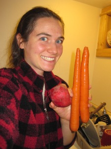 Me holding beet and carrots